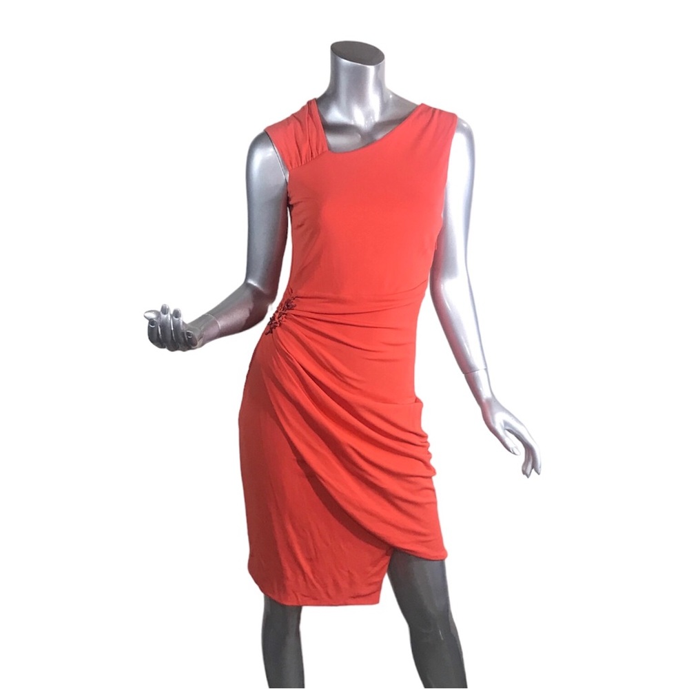 Roberto Cavalli Viscose Jersey Fitted Draped Dress Orange Coral Pin Detail IT 44
